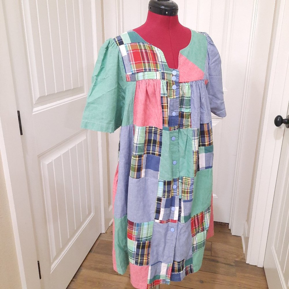 Go‎ Softly Patio Dress sz Petite MEDIUM PM plaid patchwork denim blue red snaps
